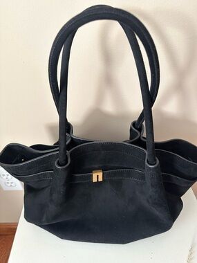 JW PEI Black Suede Shoulder Tote with Gold Accent